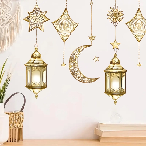 Gold Eid Ramadan Wandtattoo Hohle Mond Stern Laterne Arabisch Naher Osten Festival Selbstklebend PVC Fenster Deko Für Zuhause