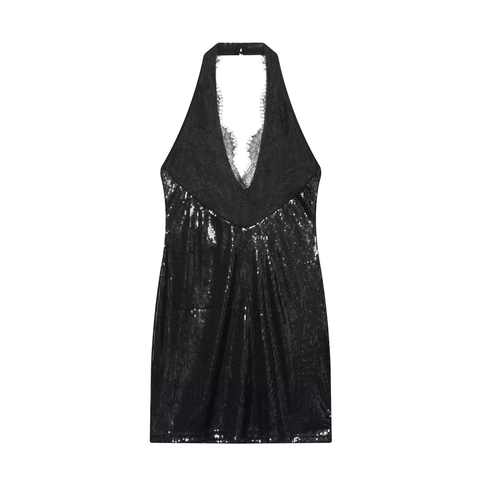 Vestito Mini Da Donna Con Paillettes Scollo A V Allacciato Al Collo Con Pizzo Schiena Scoperta Slim Fit Party Cocktail
