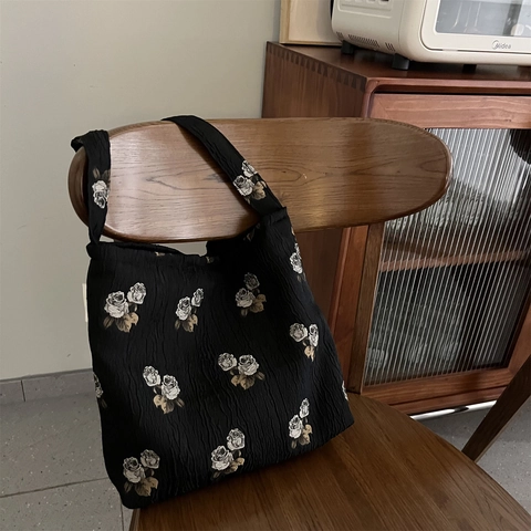 Women Rose Jacquard Pleated Canvas Shoulder Underarm Bag Retro Floral Handbag Tote