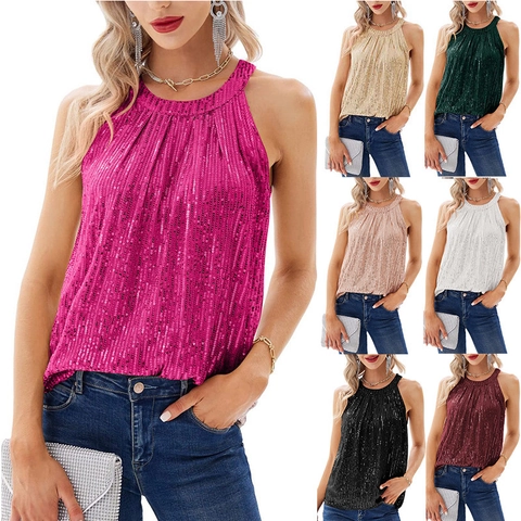 Women's Sexy Halter Neck Sequin Tank Top Sleeveless Sparkling Party Camisole Clubwear Shiny Summer Vest Top For Women