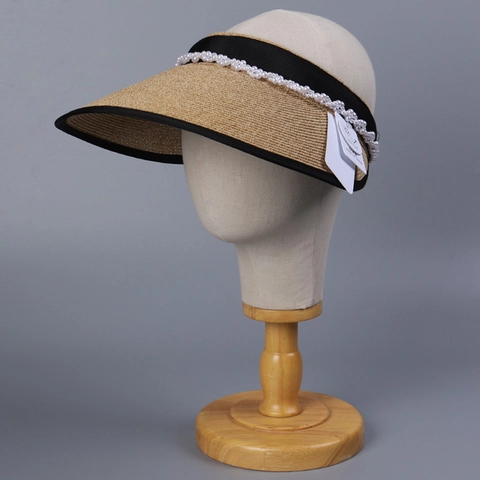 Women's Elegant Paper Straw Sun Visor Hat With Faux Pearl Decoration Wide Brim UV Protection Headband Style Open Top Beach Hat