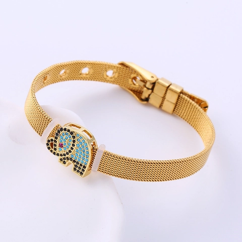 Pulsera De Malla De Elefante De Acero Inoxidable Con Circón Hebilla Estilo Correa De Reloj Ajustable Para Mujer