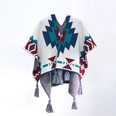 Bohemian Geometric Knit Shawl Poncho With Tassels Ethnic Style Warm Winter Wrap For Women