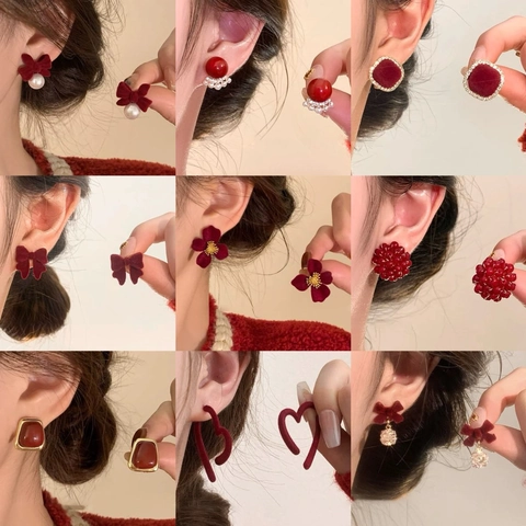 Pendientes Colgantes Rojos Aleación Con Poste De Plata De Ley 925 Mujer Año Nuevo Corazón Flor Lazo Vintage Elegantes