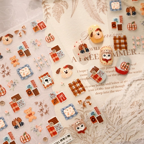 5D Reliëf Nagelstickers Vintage Patchwork Stijl Schattige Cartoon Dieren Kat Hond Beer Zelfklevende Manicure Decoratie