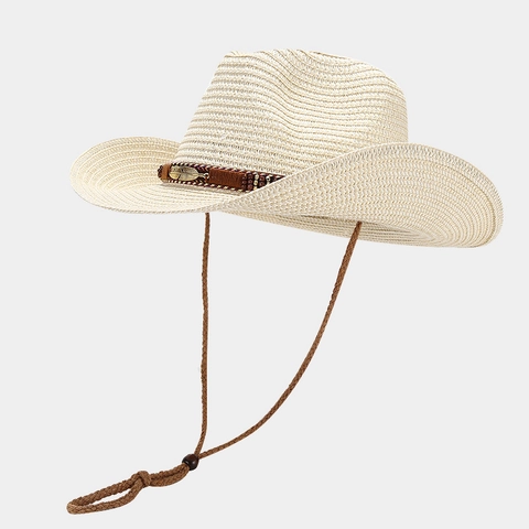 Chapeau De Cow-Boy En Paille Tissé Large Bord Protection Solaire Plage Vacances Décor De Plumes Cordon Coupe-Vent Rétro
