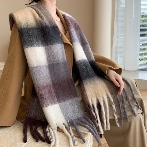 Bufanda De Cuadros Chal Poliéster Imitación Cachemira Flecos Grande Cálido Grueso Invierno Moda Para Mujeres