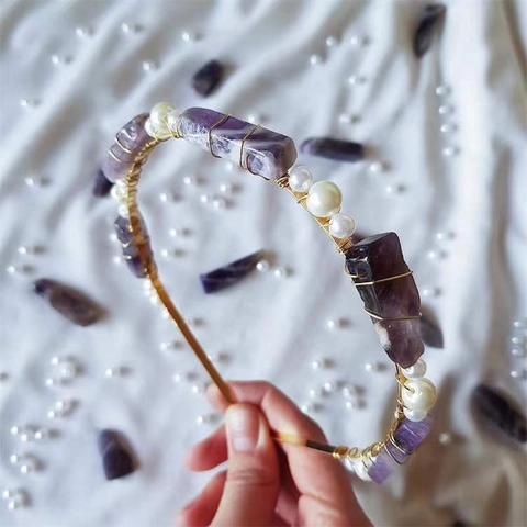 Natural Crystal Raw Stone Handmade Hair Hoop With Faux Artificial Pearls Metal Wire Wrapped Bohemian Crown Headband For Women