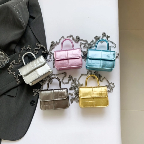 Kids Girls Mini Shoulder Bag Metallic Crocodile Pattern PU Leather Shiny Handbag Chain Strap Top Handle Square Bag
