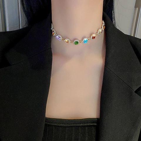Collana Di Strass Colorati Retro Lusso Lega Tonalità Oro Choker Geometrico Per Donna Gioielli Di Moda