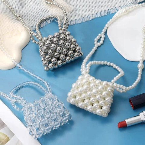 Mini Borsa A Tracolla In Perline Fatta A Mano Perla Artificial Sintetica Acrilico Metallo Intrecciata Elegante Dolce Moda Accessorio