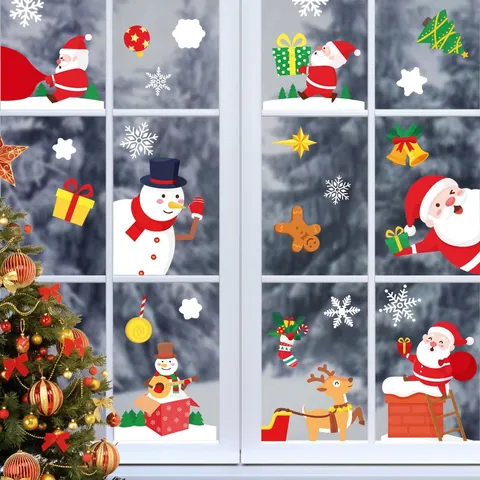 Pegatinas Navidad Para Ventanas PVC Estático Copo Nieve Papá Noel Reno Calcomanías Para Cristal Decoración Fiesta Hogar