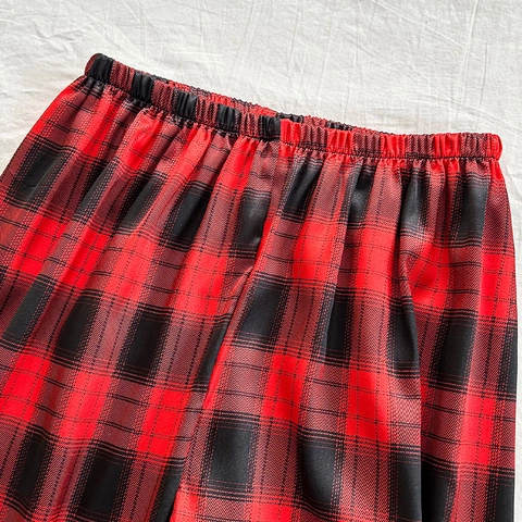 Women Pajama Pants Imitation Satin Plaid Pattern Elastic Waist Wide Leg Sleepwear Loungewear Casual Soft