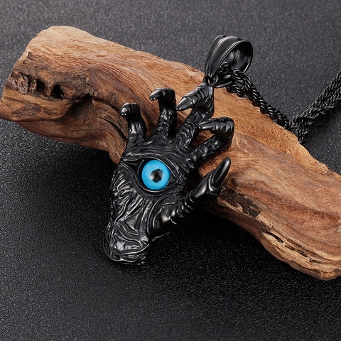 Gothic Devil Hand Dragon Claw Pendant Necklace With Blue Eye Stainless Steel Punk Jewelry For Men