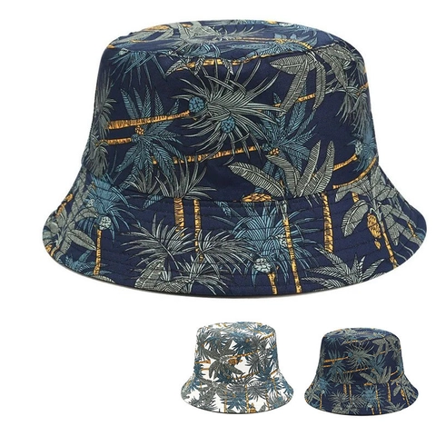 Bucket Hat Tropical Palm Tree Coconut Print Acrylic Twill Sun Protection Wide Brim Summer Outdoor Travel Beach Women