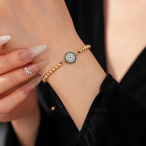 Evil Eye Bracelet Copper Gold Plated Beads Cubic Zirconia Adjustable Black Rope Ethnic Vintage Jewelry For Women