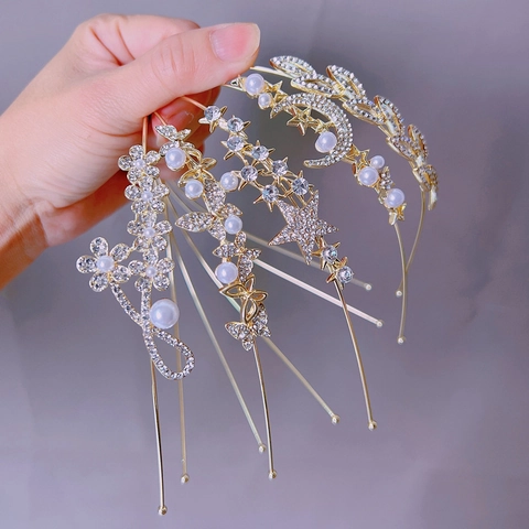 Rhinestone Artificial Pearl Headband Alloy Gold Color Butterfly Star Moon Floral Design Elegant Hair Accessory For Women