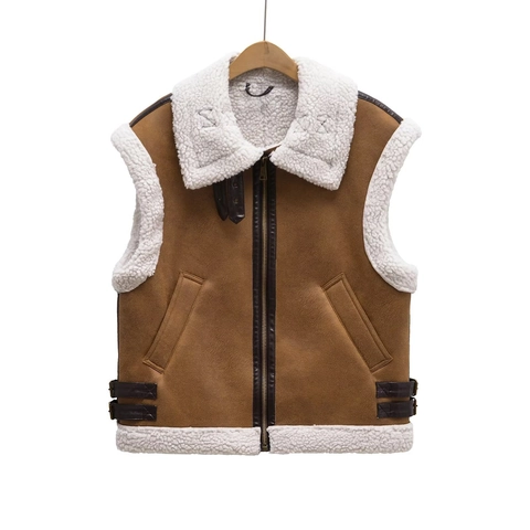 Women Faux Shearling Suede Vest Sleeveless Moto Jacket Fleece Lined Full Zipper Retro Outerwear Casual