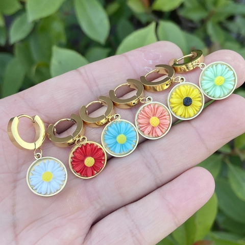 Gänseblümchen Creolen Tropfenohrringe Edelstahl Harz Bunte Blumen Schmuck Für Damen Mode Retro Stil