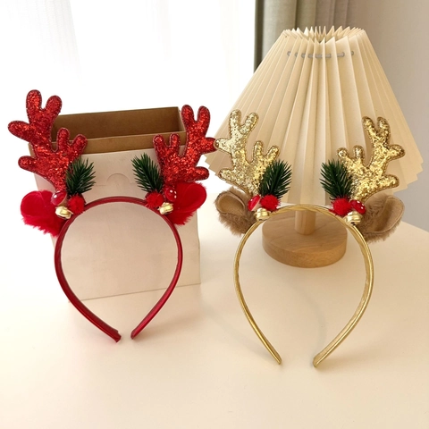 Diadema De Cuernos De Reno De Navidad Lentejuelas Brillantes Pino Sintético Campana Oreja De Peluche Disfraz De Fiesta Tocado Adultos Niños