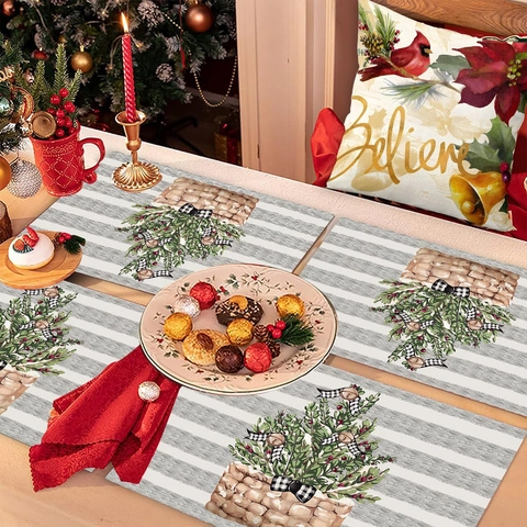 Kerst Placemats Polyester Hittebestendig Vlekbestendig Feestelijke Tafeldecoratie Bloemenmand Patroon Grijs Gestreept