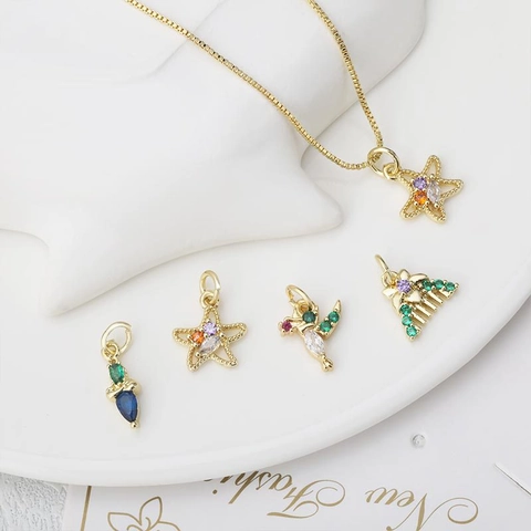 French Vintage Gold Plated Copper Zircon Starfish Hummingbird Waterdrop Pendant For DIY Necklace Jewelry Making Accessory