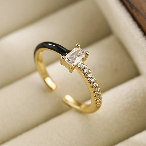Fashion Colorful Enamel Open Ring Women 18K Gold Plated Copper Rectangle Cubic Zirconia Adjustable Finger Ring