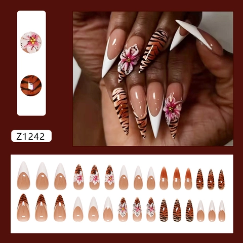 Press On Nails Long Almond French Tip Camellia Flower Zebra Print Abs Removable Fake Nails With Glue For Women