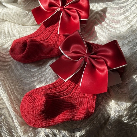 Baby Socks Knitted Cotton Large Satin Ribbon Bow Festive Christmas New Year Spanish Style Toddler Infant Girls