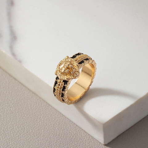 Vintage Lion Head Ring Gold Tone Alloy Black Enamel Hip Hop Punk Style Jewelry Accessory For Men