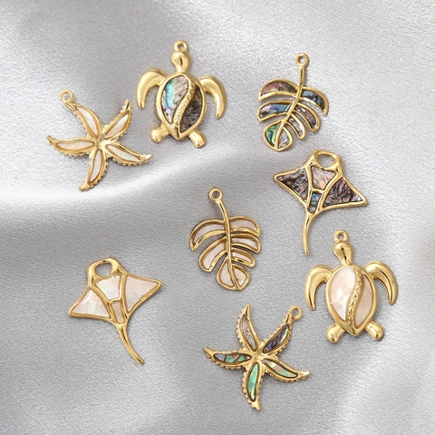 Colgantes Tema Océano Acero Inoxidable Dorado Abulón Natural Nácar Tortuga Marina Estrella De Mar Hoja Para DIY