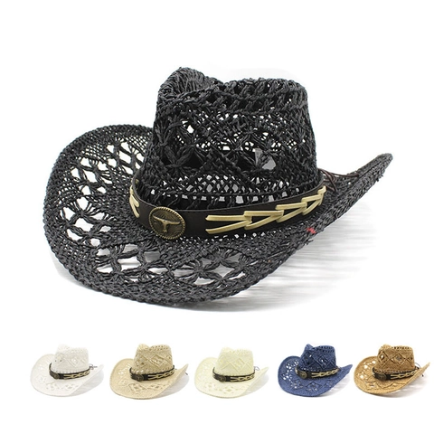 Western Cowboy Straw Hat Vintage Bull Head Metal Decor Hollow Out Breathable Wide Brim Sun Protection Beach Vacation
