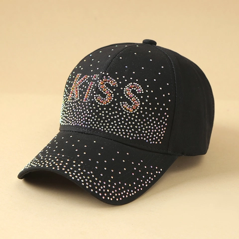 Women Fashion Rhinestone Letter Love Kiss Baseball Cap Cotton Adjustable Bling Sparkly Sun Hat Outdoor Casual Sporty Headwear