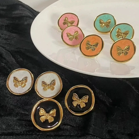 Butterfly Stud Earrings Stainless Steel Enamel French Vintage Retro Round Shape Minimalist Exquisite Jewelry For Women