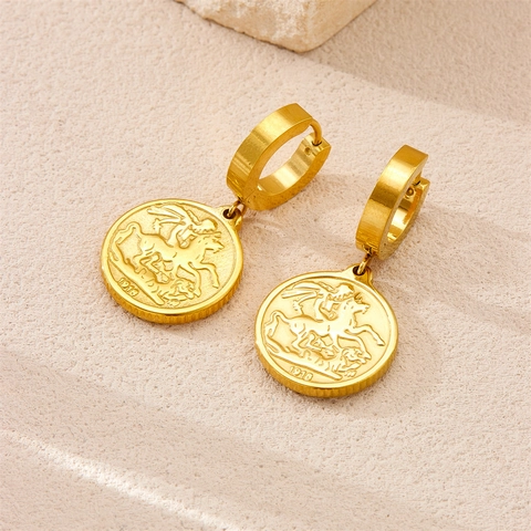 Vintage Coin Pendant Hoop Earrings Gold Plated Stainless Steel Abstract Portrait Retro Style Jewelry For Women