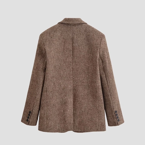 Γυναικείο Σακάκι Μπλέιζερ Καφέ Tweed Herringbone Πέτο Μακρυμάνικο Καθημερινό Γραφείο Ρετρό Βρετανικό Στυλ Μόδα