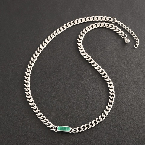 Stainless Steel Cuban Chain Necklace With Shell Malachite Oval Inlay Retro Hip Hop Minimalist Jewelry For Men Women
