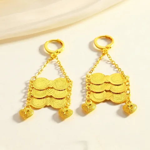 Vintage 18K Gold Plated Copper Coin Heart Drop Earrings For Women Dubai Middle Eastern Style Bohemian Party Jewelry Gift