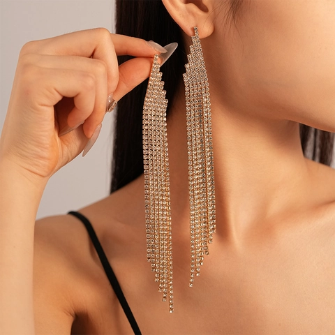 Orecchini Lunghi Con Nappe Rame Strass Geometrico Ondulato Lusso Elegante Da Donna Con Perno In Argento
