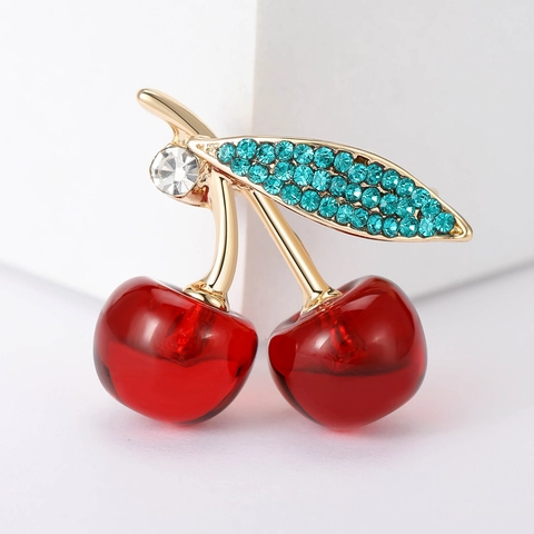 Broche Cerise Douce pour Femmes Alliage Strass Or Rouge Accessoires Bijoux Cadeau de Décoration Quotidienne Mignon
