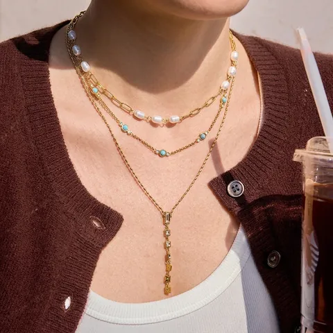 Edelstahl Süßwasserperle Halskette Strass Vergoldet Geometrische Mehrlagige Anhänger Kette Für Damen Mode Schmuck