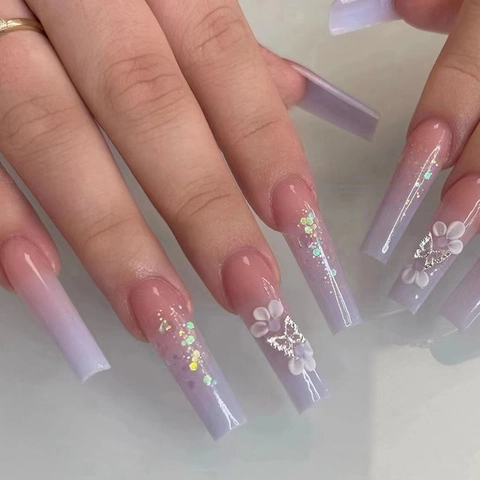 Unghie Finte Long Coffin Sfumatura Viola Rosa Farfalla Floreale Glitter Eleganti Unghie Per Donne