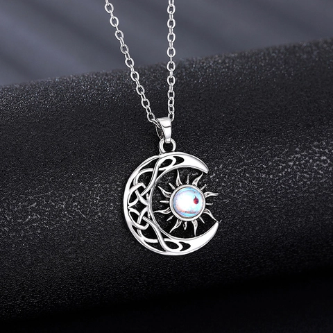 Sun Moon Pendant Necklace Vintage Copper With Imitation Moonstone Celtic Knot Mystical Jewelry For Women