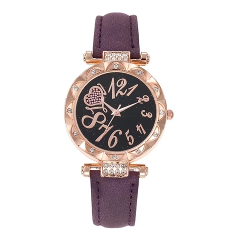 Women Fashion Quartz Watch Rose Gold Rhinestone Bezel Starry Sky Dial Heart Pattern Faux Leather Strap Casual Ladies Wristwatch