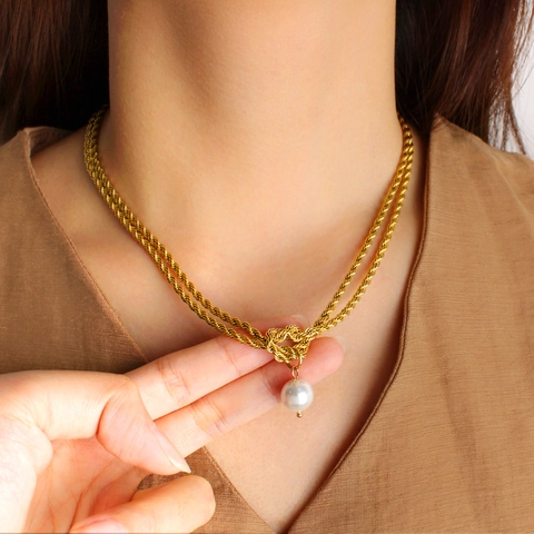 Collar Con Colgante De Perla Artificial Y Nudo De Corazón De Acero Inoxidable Vintage Francés Cadena De Cuerda Retorcida De Doble Capa Oro