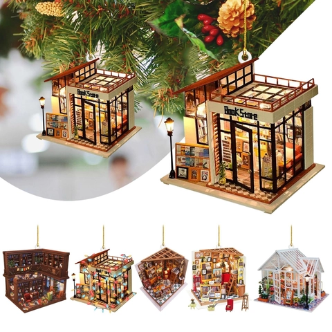 Miniature Bookstore Library Design Acrylic Flat Hanging Ornament Vintage Style Christmas Tree Decoration Car Mirror Pendant Gift For Book Lovers