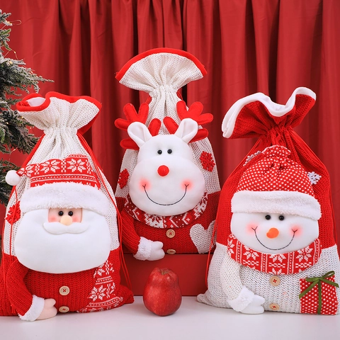 Sac Cadeau De Noël Tricoté Avec Père Noël Bonhomme De Neige Renne En Peluche Pochette À Cordon Décoration De Fête