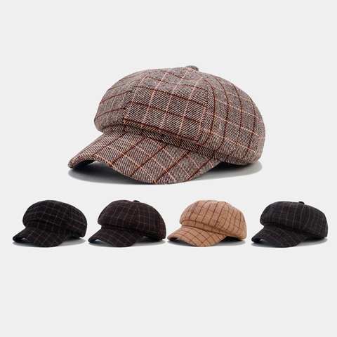 Newsboy Mütze Kariert Britischer Stil Achteckige Kappe Retro Mode Polyester Wolle Tweed Kurzschirm Für Herren Damen