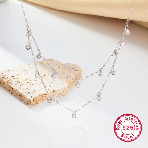 Collana a Doppio Strato in Argento Sterling 925 Per Donna Minimalista Con Pendente in Zirconia Collana Girocollo Gioielli di Moda
