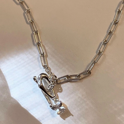 Collana In Argento Sterling 925 Con Zirconia Cubica Quadrata Catena Paperclip Chiusura A Gancio Geometrica Donna
